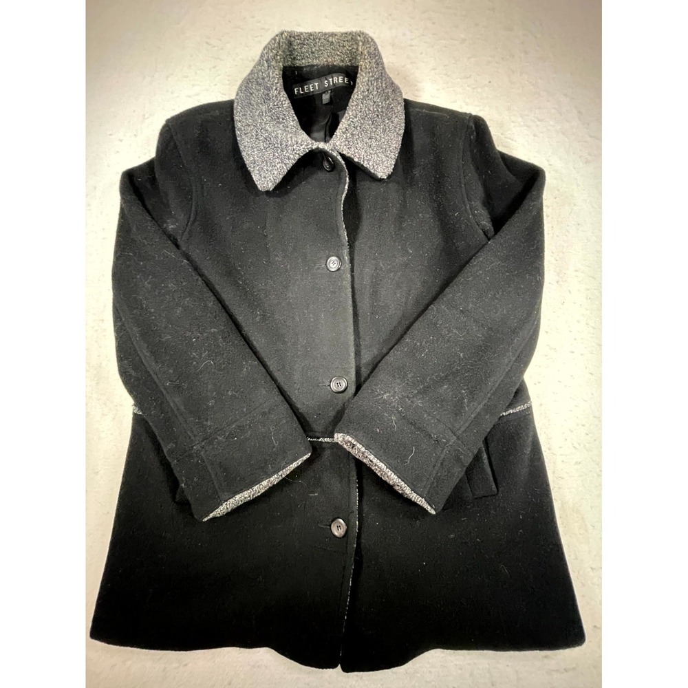 Fleet Street Pea Coat Womens Medium Black Wool‎ Faux Shearling Collar Winter